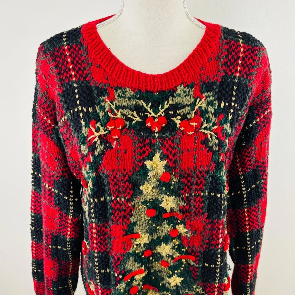 Vtg Handknit Metropolitan Red Plaid Christmas Tree Embellished Sweater Dress L